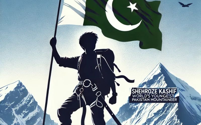 Silhouette of a young mountaineer, representing Shehroze Kashif, standing on a mountain peak holding a Pakistani flag, with text stating, "Shehroze Kashif: World's Youngest Pakistani Mountaineer