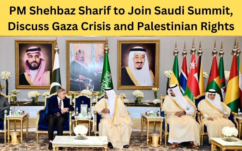 Prime Minister Shehbaz Sharif at the Joint Arab-Islamic Summit in Saudi Arabia discussing the Gaza crisis and Palestinian rights.